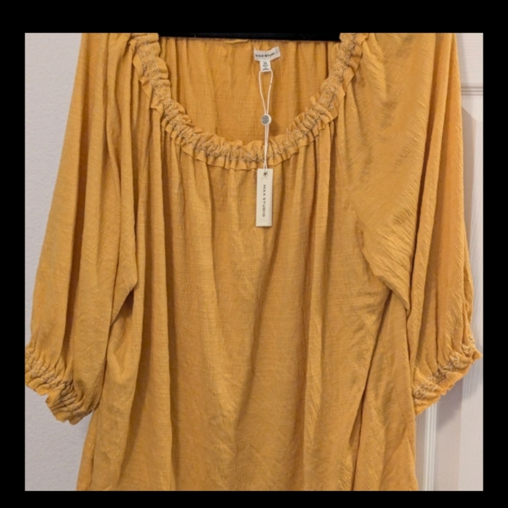 Max Studio 3X Mustard Boho Peasant Blouse Ruffle Neck Gauze Cottagecore Curvy - Picture 2 of 11